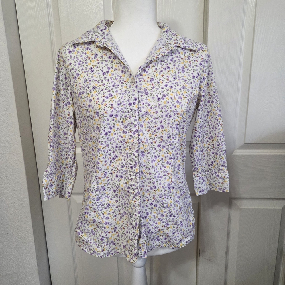 Denim&Co Floral Button Down Shirt - Purple and Yellow